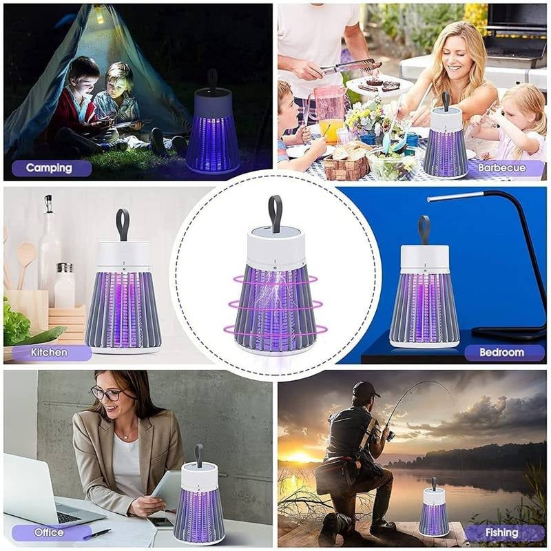 Collage of a purple and white lamp used in various settings including camping, barbecue, kitchen, bedroom, office, and fishing.