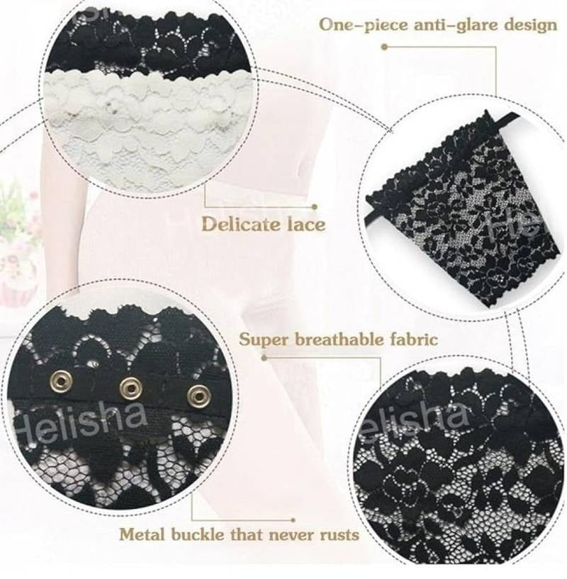 Lace fabric with close-up details and text highlighting features like anti-glare design, delicate lace, breathable fabric, and metal buckle.
