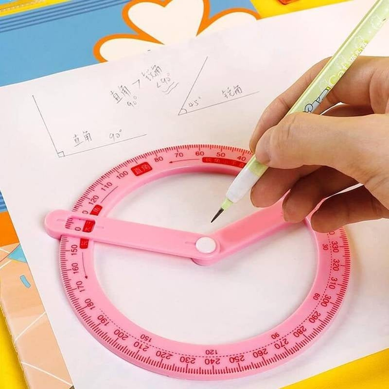Hand using a pink protractor with a pen on a colorful background