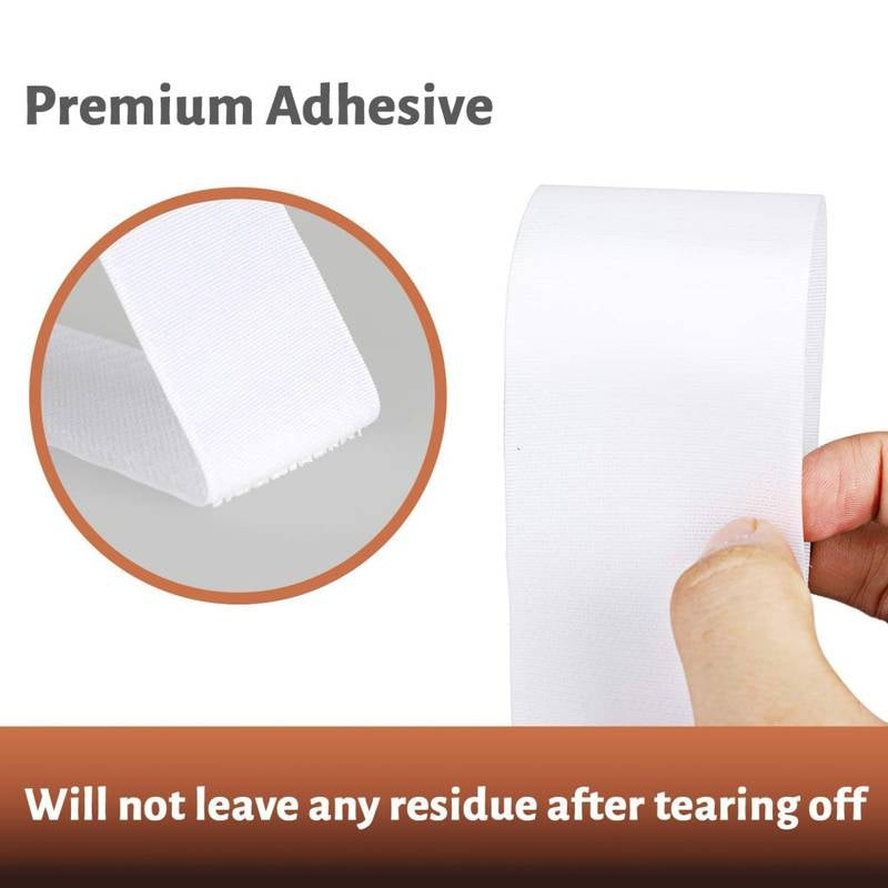 Roll of white tape with a hand holding it, labeled 'Premium Adhesive' and 'Will not leave any residue after tearing off'.