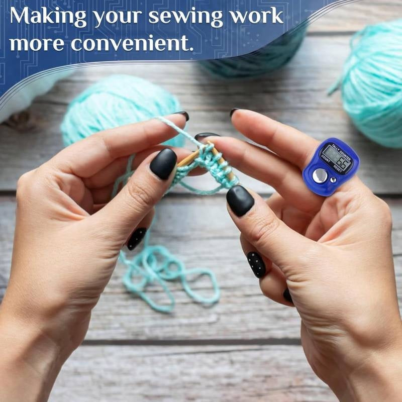 Hands knitting with a digital stitch counter on a wooden surface, with text 'Making your sewing work more convenient.'