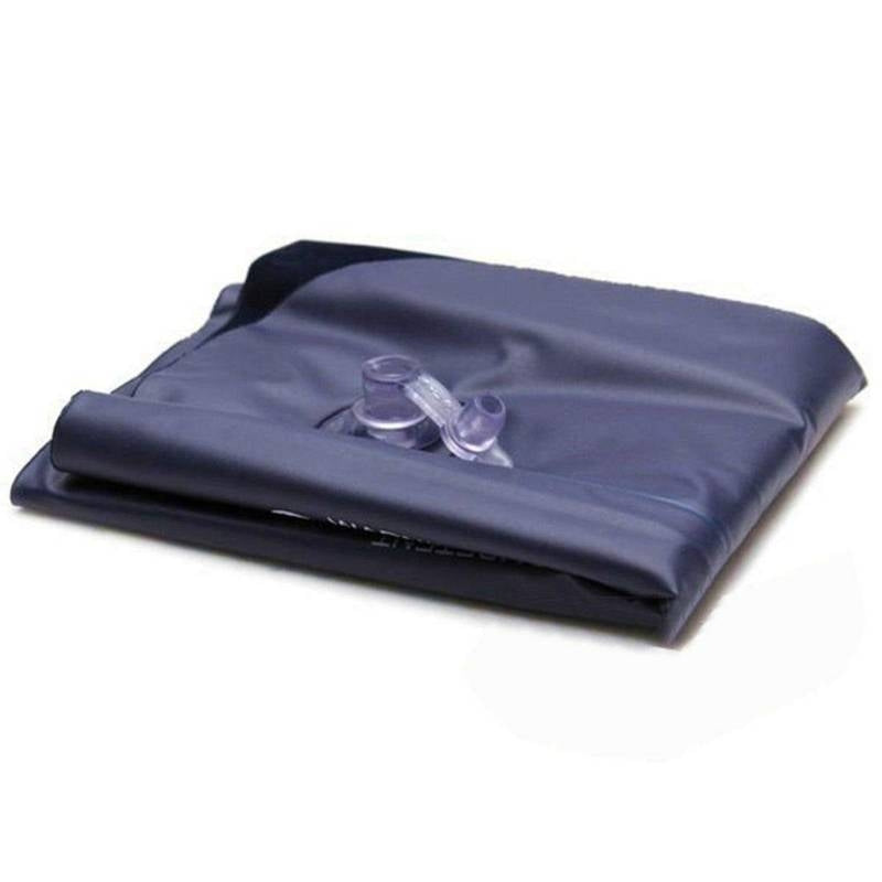 Folded blue inflatable pool with clear valve on a white background