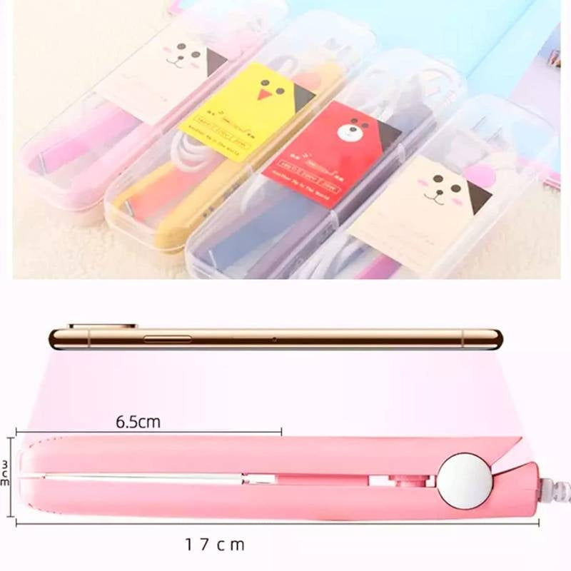 Pink hair straightener with measurements and a clear case with colorful items in the background