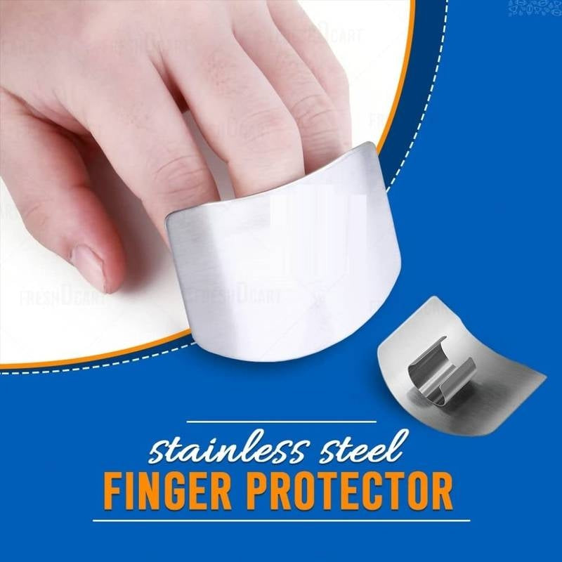 Stainless steel finger protector being worn on a finger with a blue background and text.