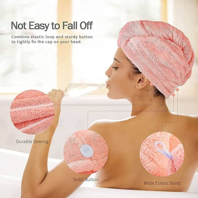 Woman wearing a pink towel wrap with text and close-up details on durability and design.