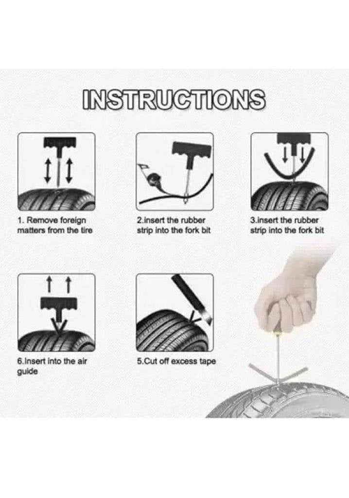 Step-by-step instructions for tire installation with illustrations and a hand holding a tool.