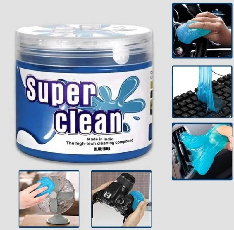 Super Clean cleaning compound jar with usage examples on a white background