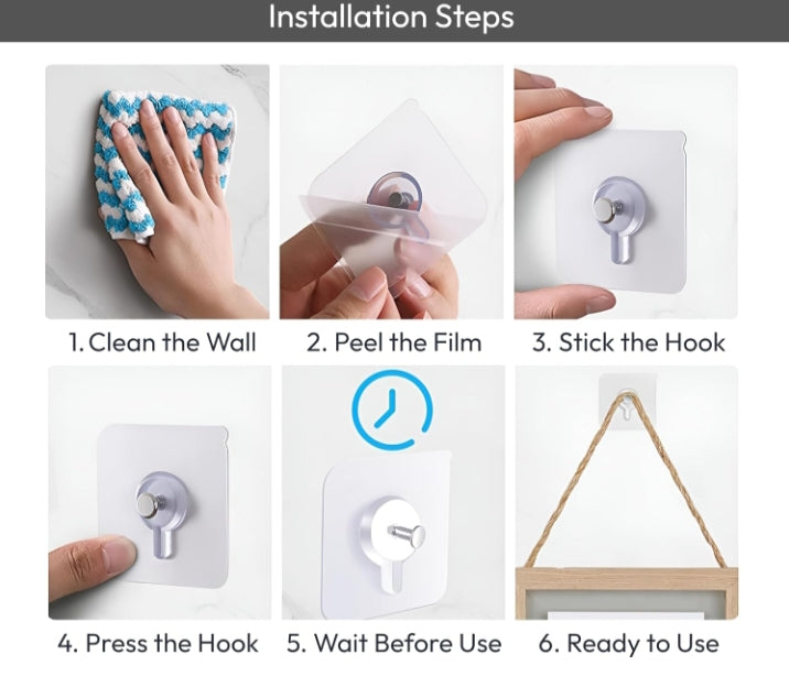 Step-by-step guide on how to install a wall hook with images and text.