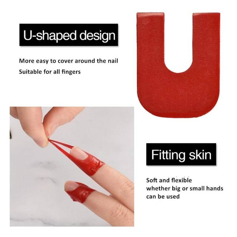 Red U-shaped nail cover with text on a white background