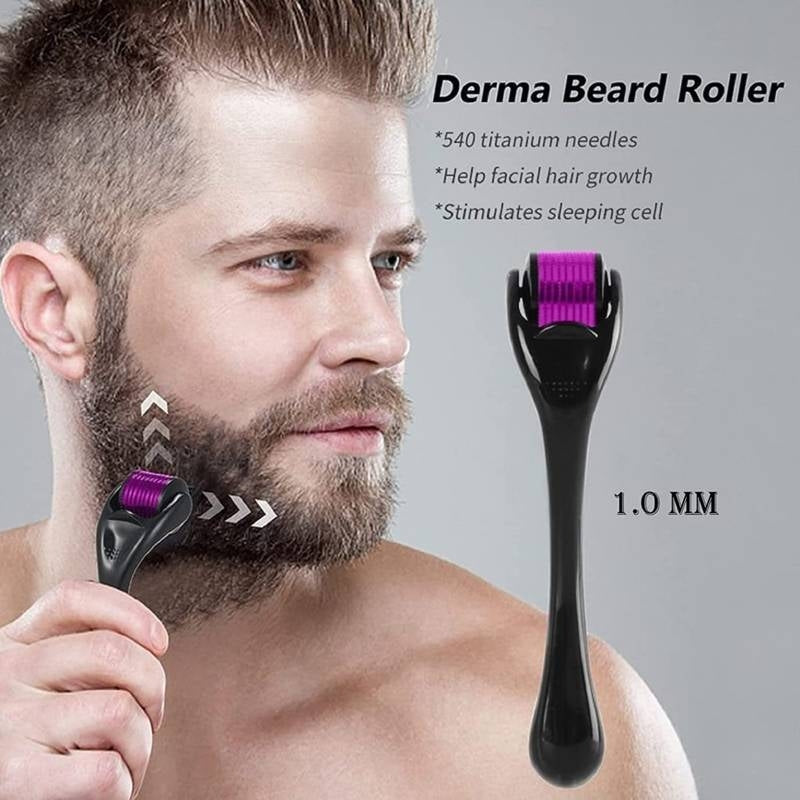 Man using a Derma Beard Roller with product details on a gray background