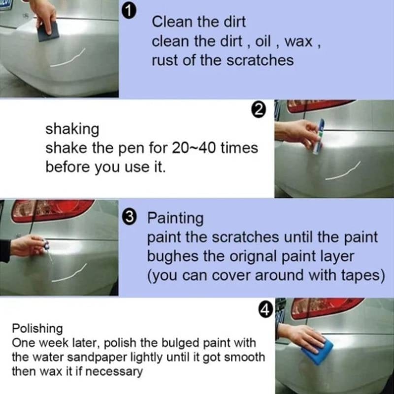 Steps for repairing car scratches with a pen and sandpaper.