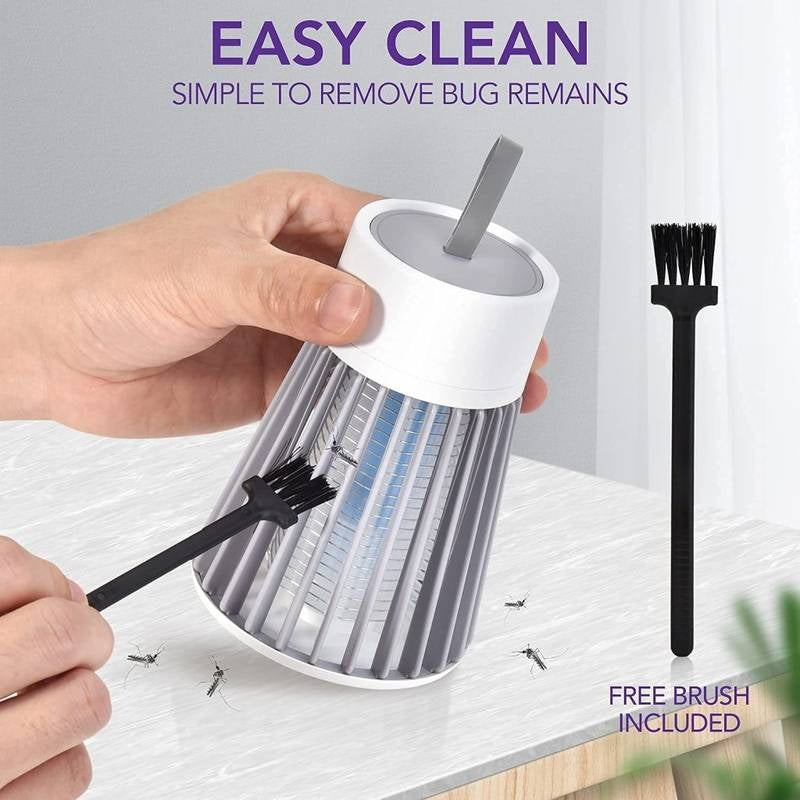Hand holding a cleaning device with brushes and text indicating ease of cleaning and included brush.