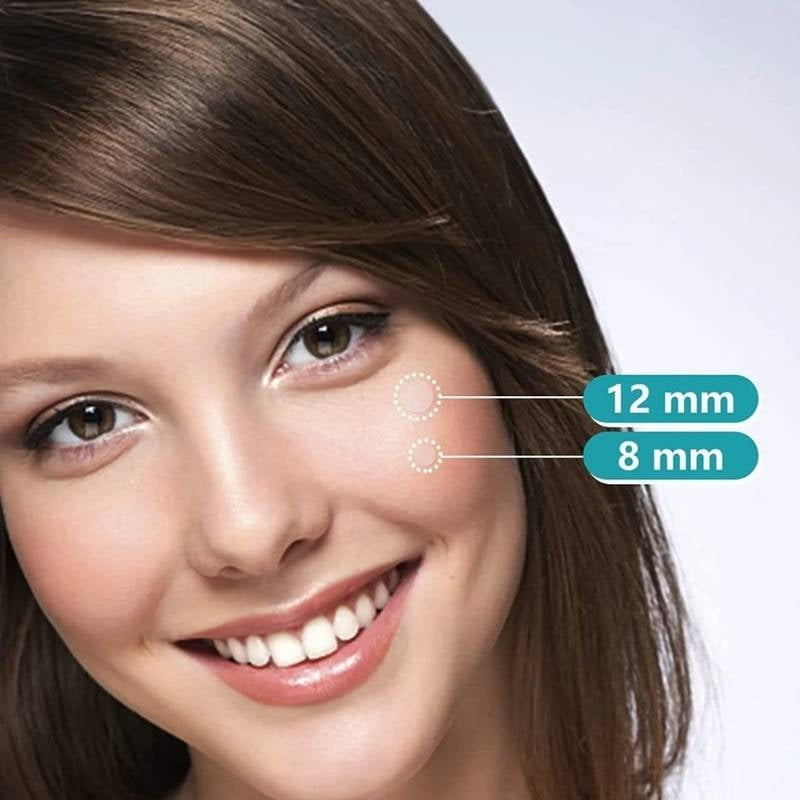 Close-up of a woman's face with measurements labeled on her skin