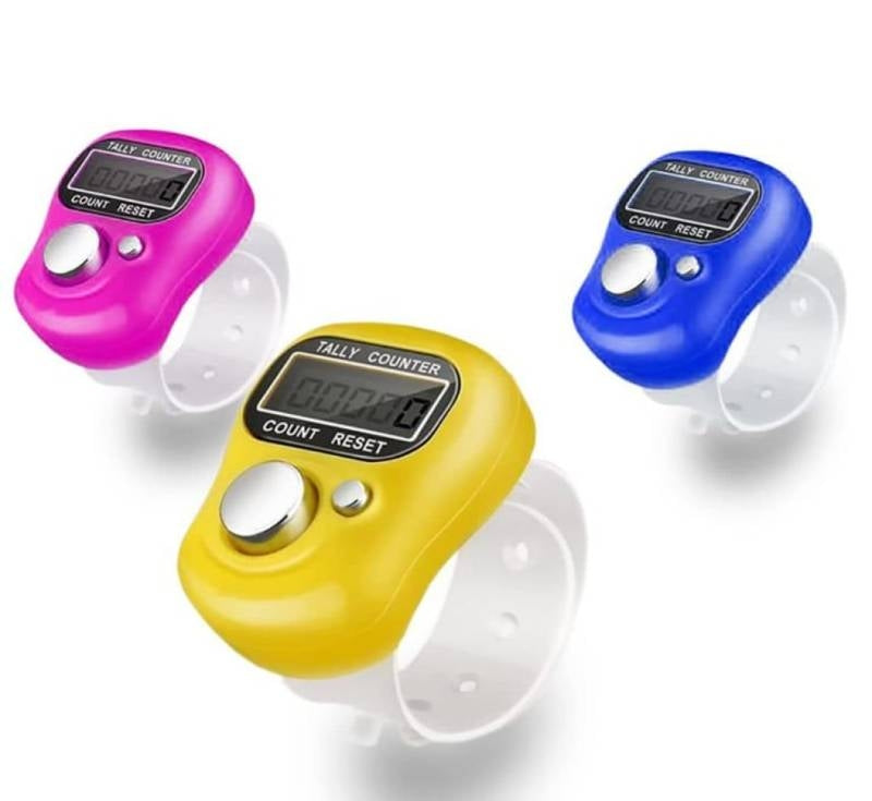 Three colorful digital finger counters on a white background
