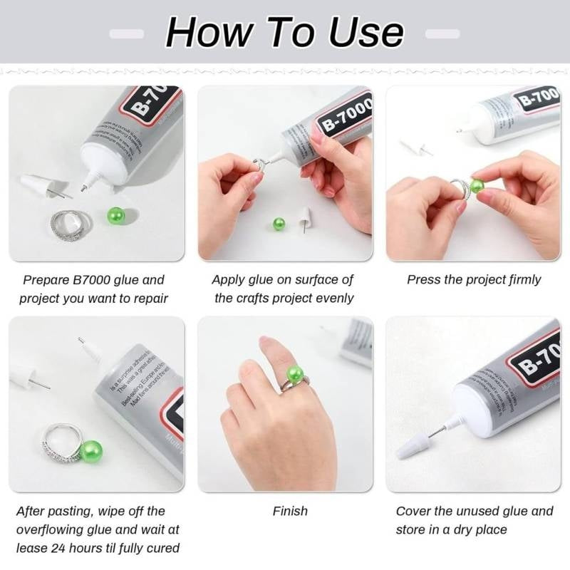 Step-by-step guide on how to use B-7000 glue with close-up images of hands applying the glue.