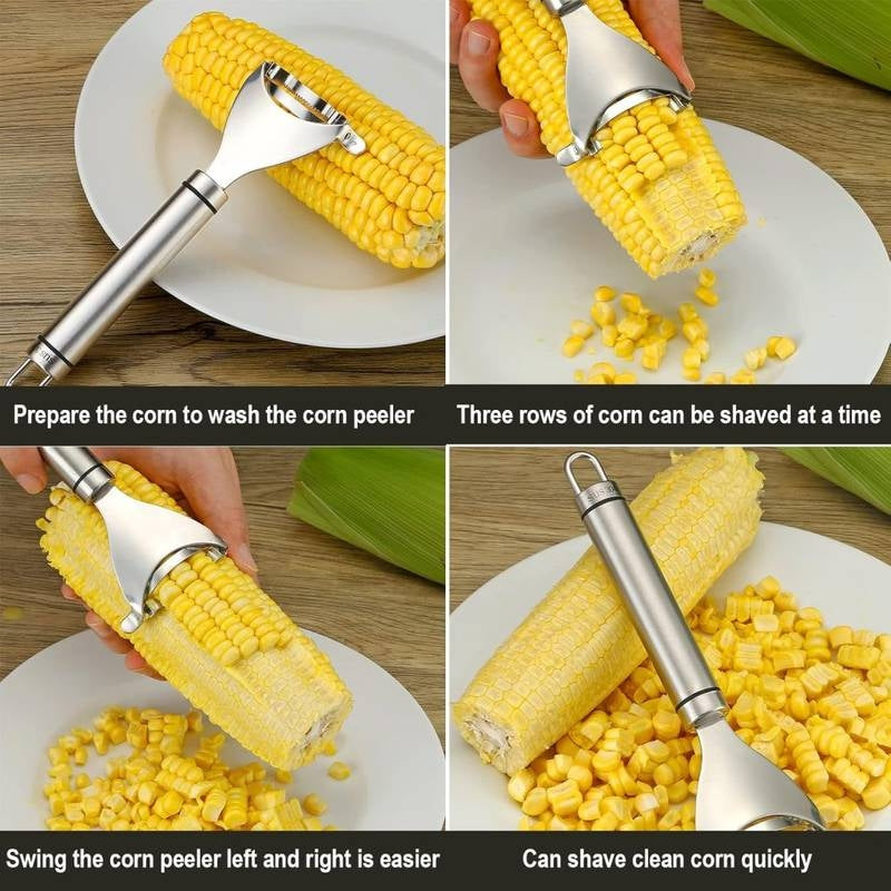 Corn peeler being used on a corn cob with text describing its features.