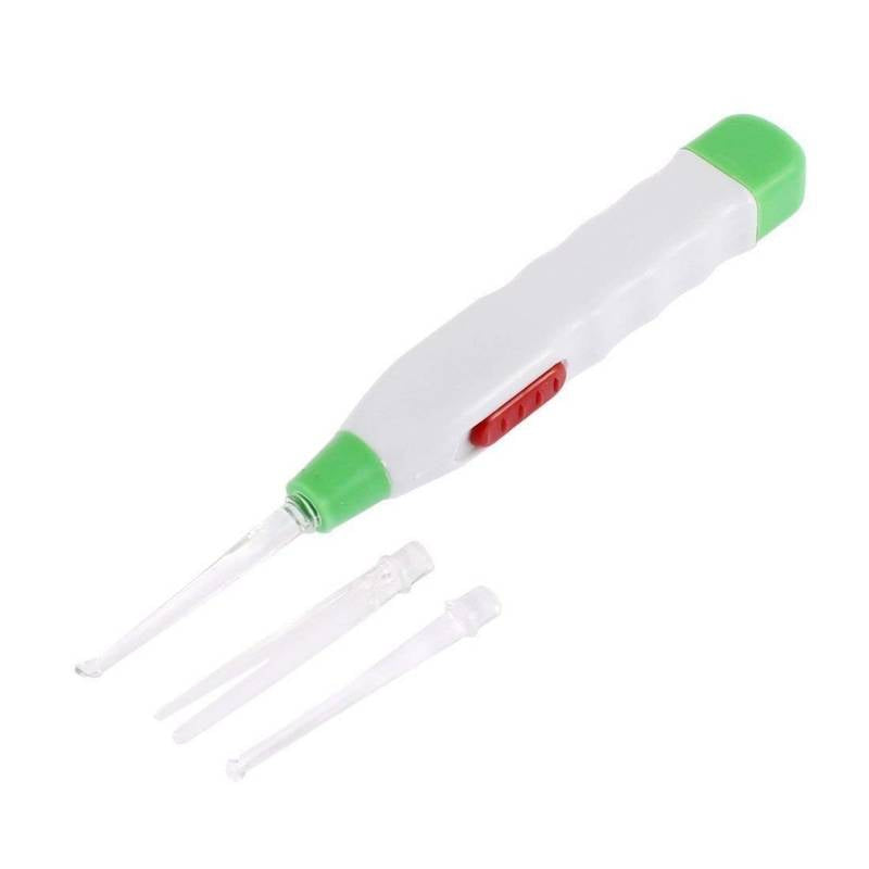 White and green electronic device with a red button on a white background