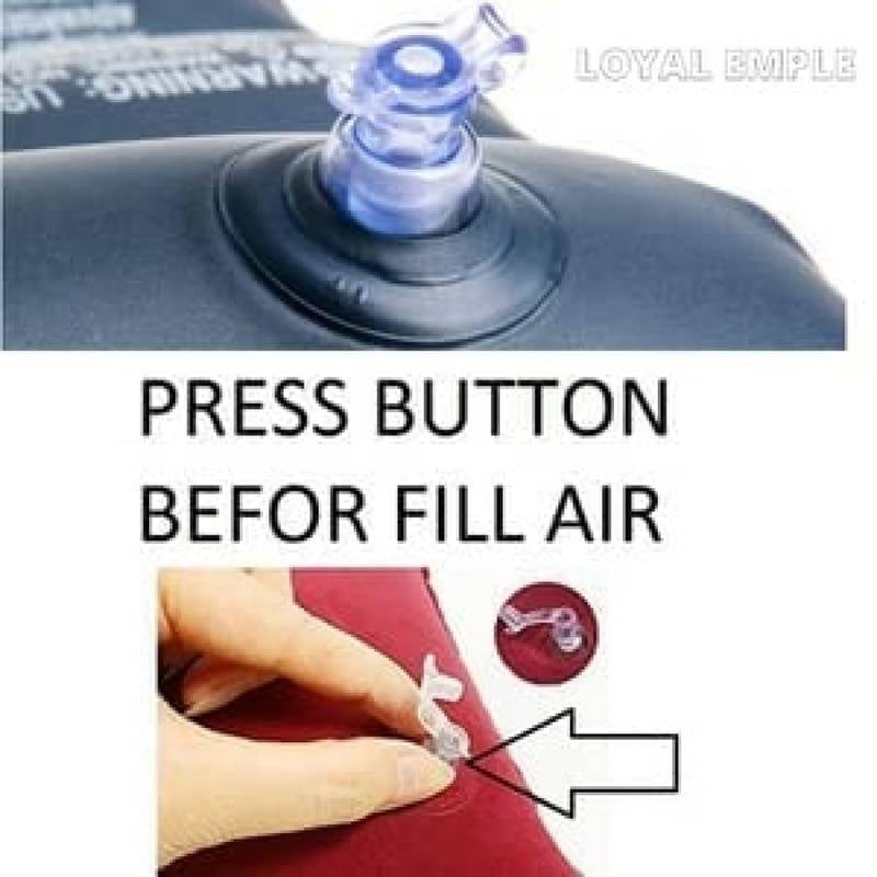 Instructions for using a air pump with text 'Press button before fill air' and an arrow pointing to the button.