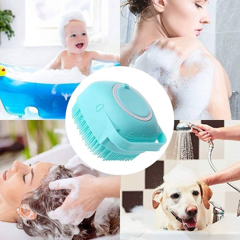 Collage of people and pets using a handheld showerhead in various settings.
