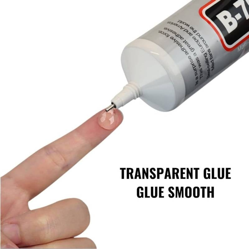 B-7 glue tube being applied to a finger with text 'Transparent Glue Glue Smooth'.