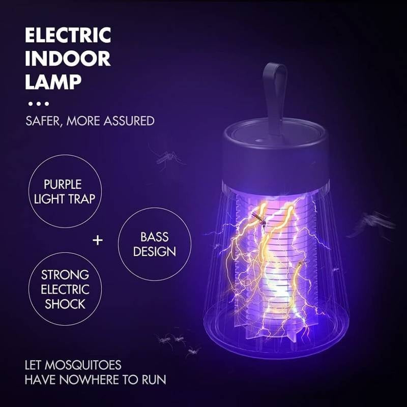 Electric indoor lamp with purple light trap and bass design on a dark background