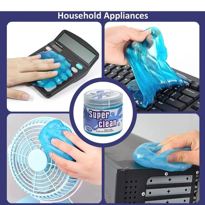 Collage of blue slime being used to clean a calculator, keyboard, fan, and electronic device with 'Super Clean' product shown.