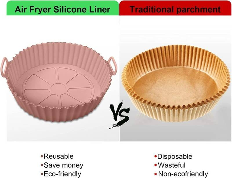 Comparison of air fryer silicone liner and traditional parchment paper with pros and cons listed.