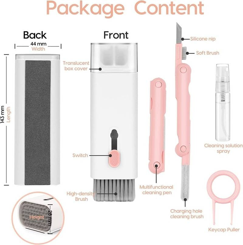 Diagram of package content with labeled items and dimensions